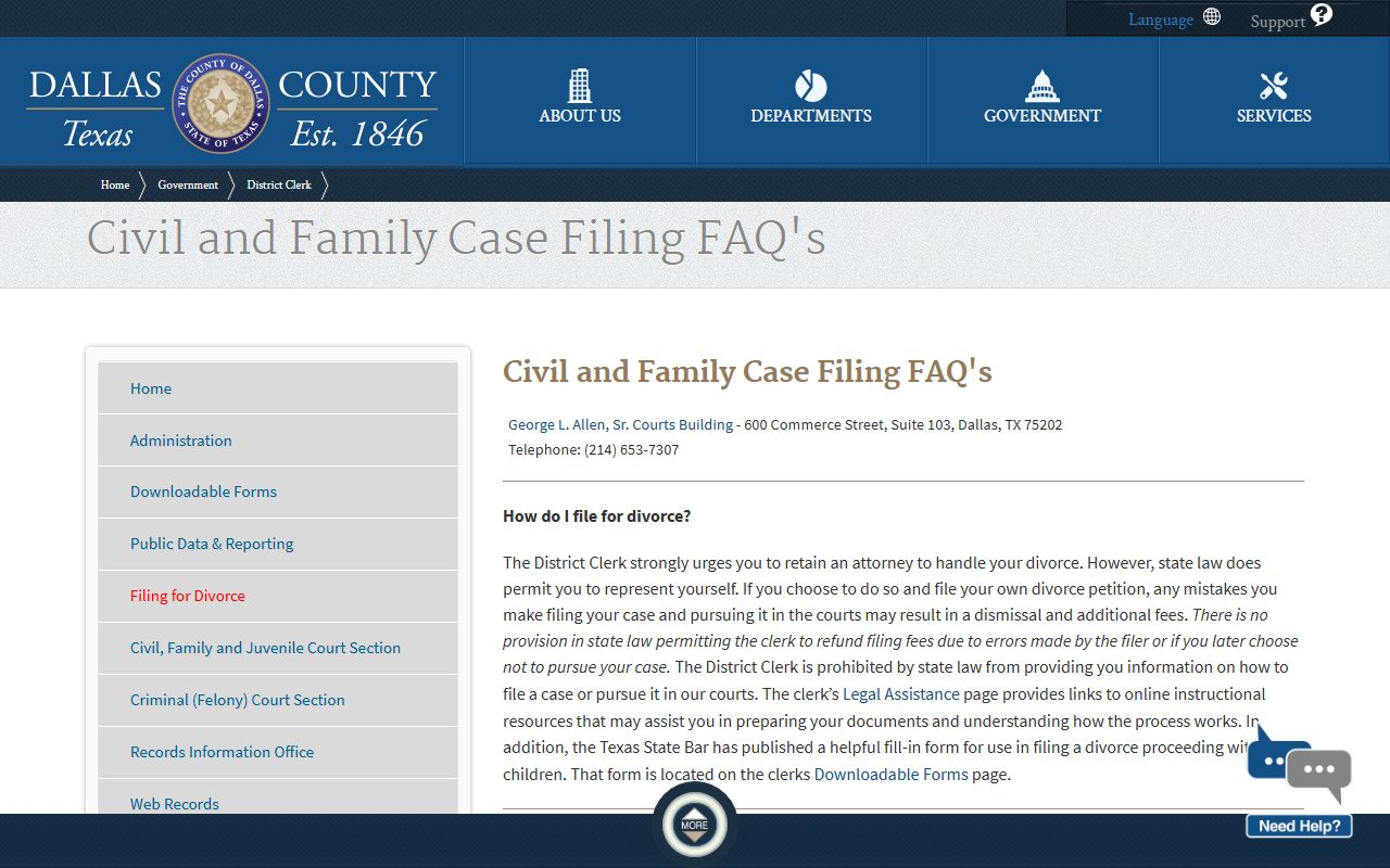 Dallas County District Clerk civil and family FAQ page
