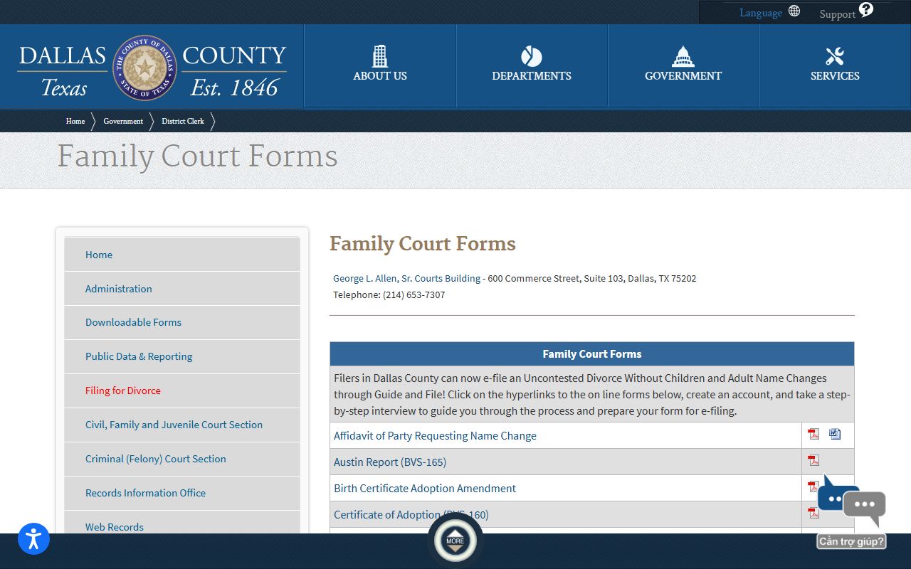 Dallas County District Clerk family forms page