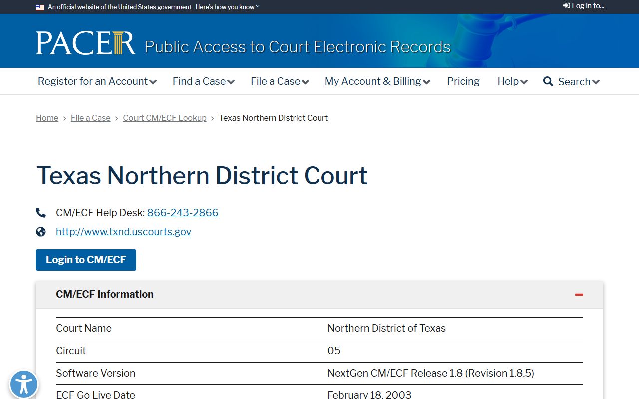 Dallas County court dockets PACER CM/ECF lookup for the Northern District of Texas