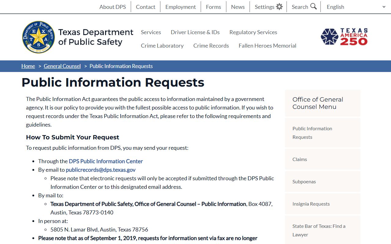 Dallas County court records Texas DPS public information page