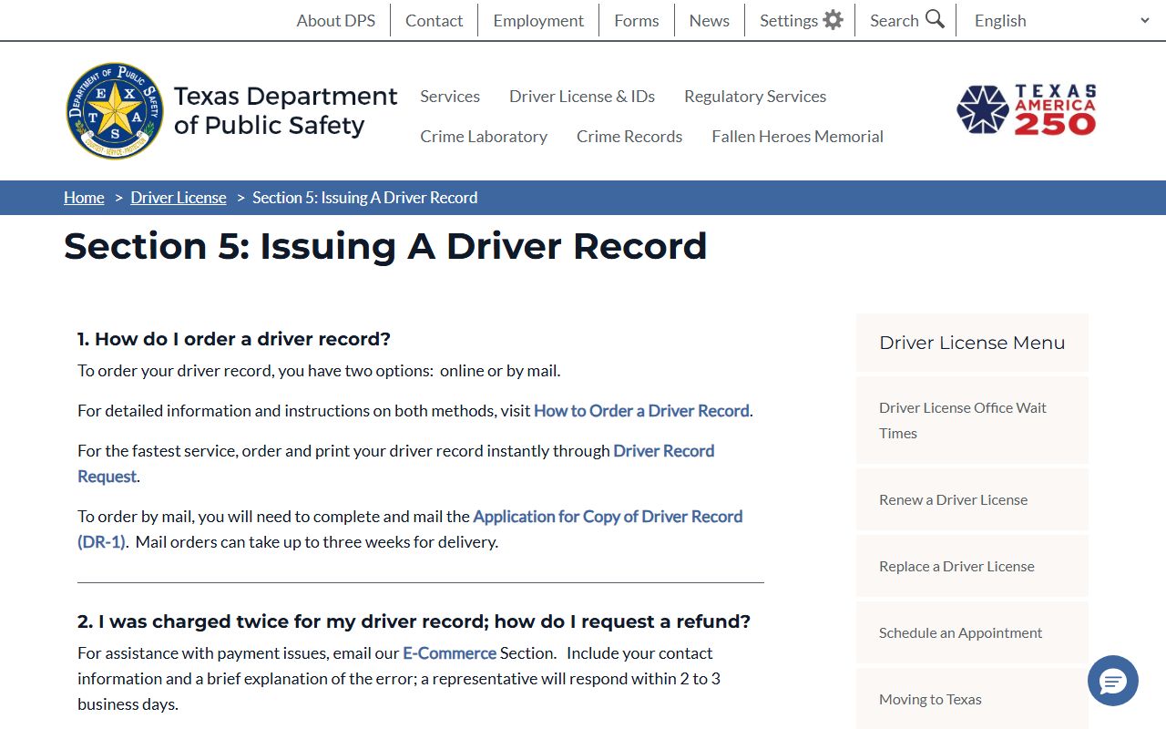 Dallas County court records Texas DPS driver record FAQ page