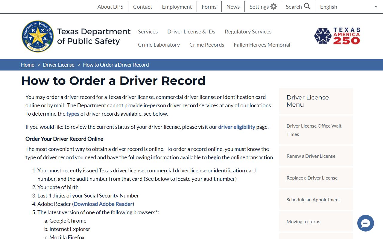 Dallas County court records Texas DPS driver record ordering page