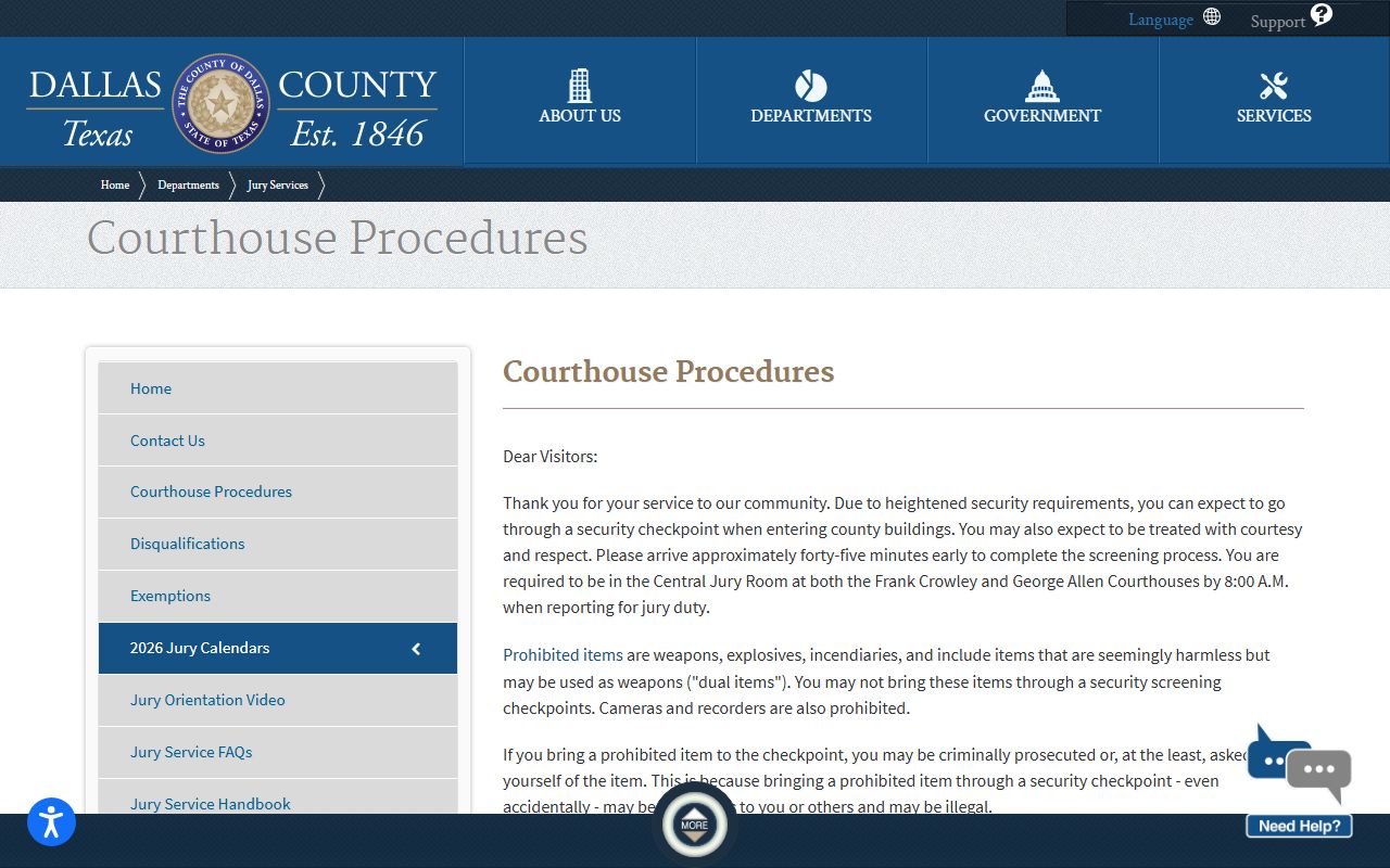 Dallas County District Court courthouse security procedures page