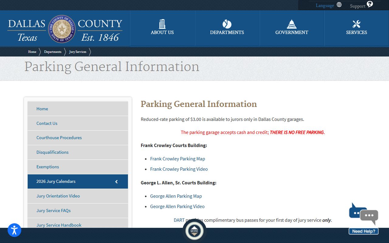 Dallas County District Court jury parking information page