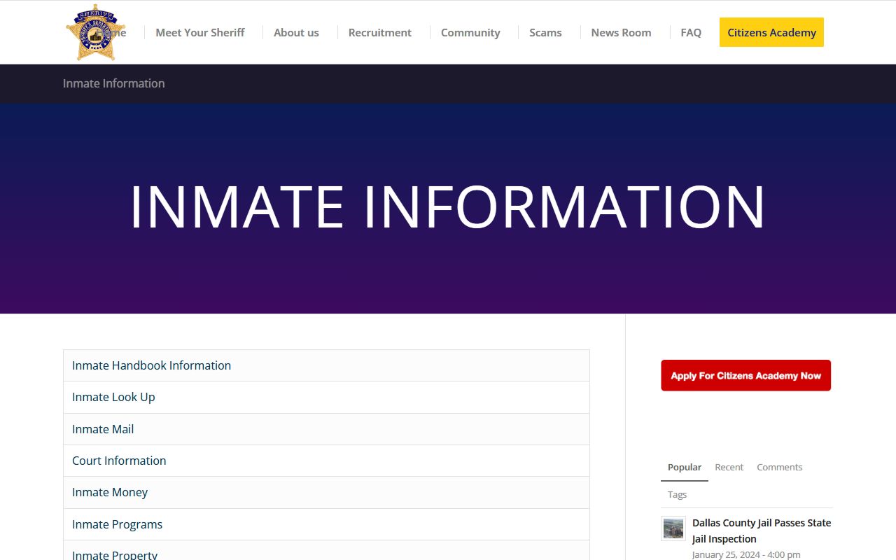 Dallas County District Court Sheriff inmate information page