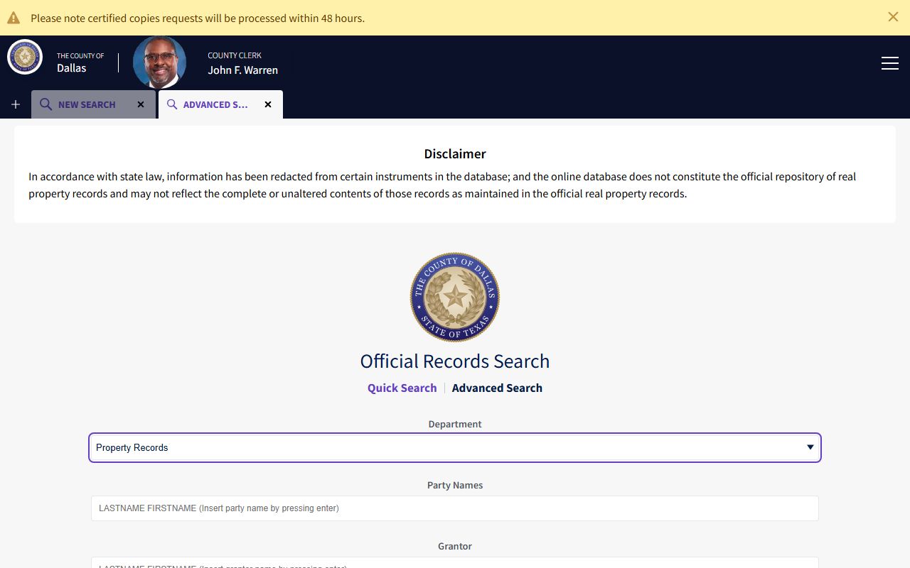 Dallas County court records County Clerk advanced official records search fields