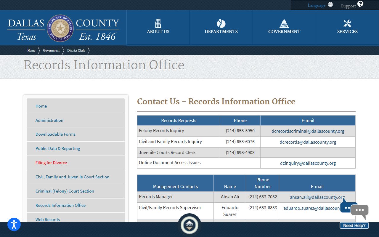 Dallas County court records District Clerk records contacts page