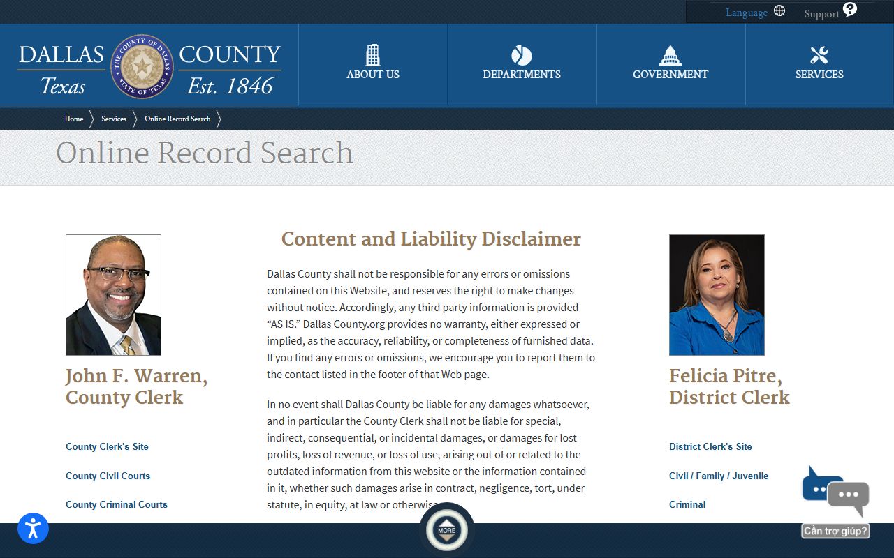 Dallas County court records online record search landing page