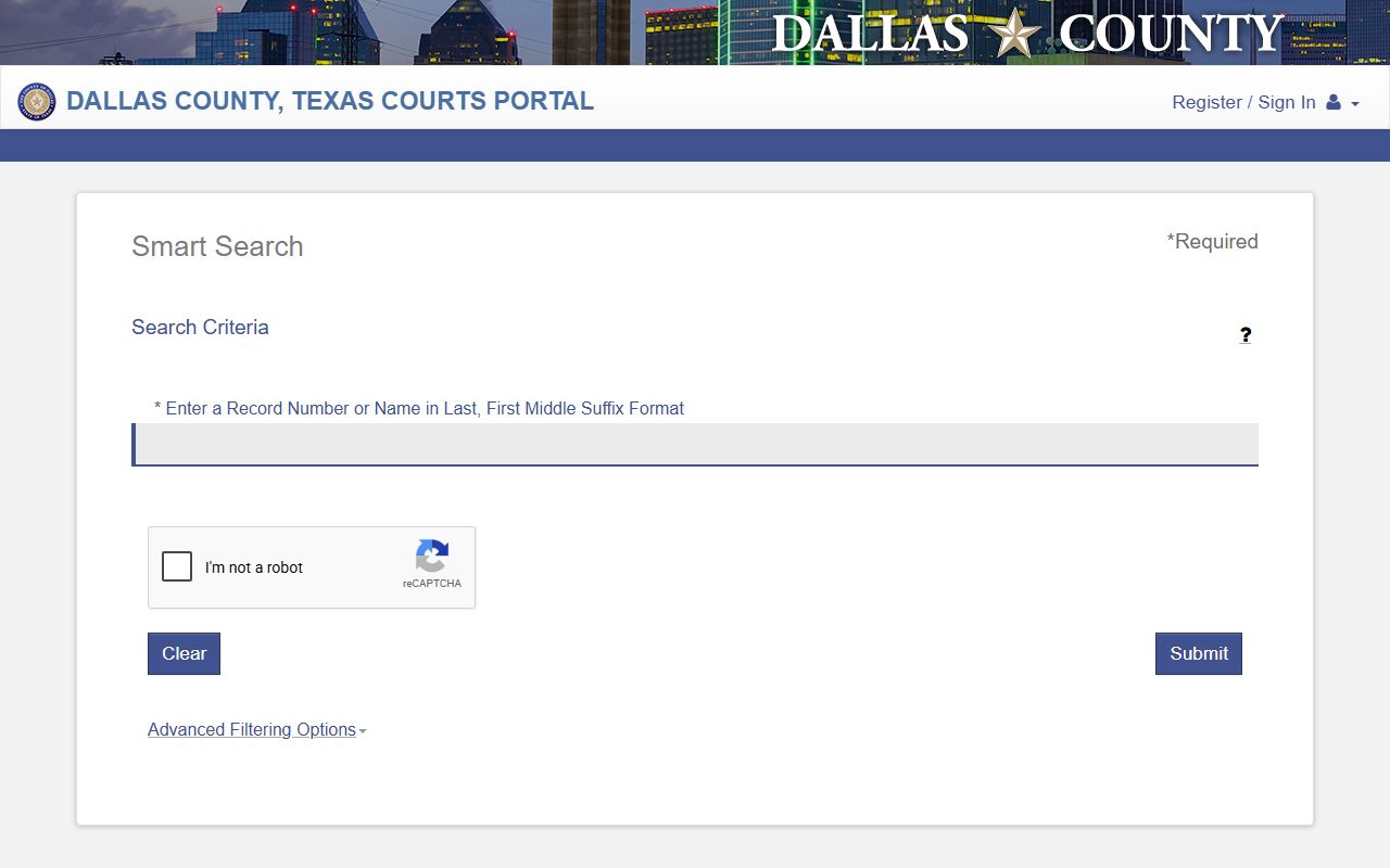 Dallas County court records Smart Search page for case number and party name lookups
