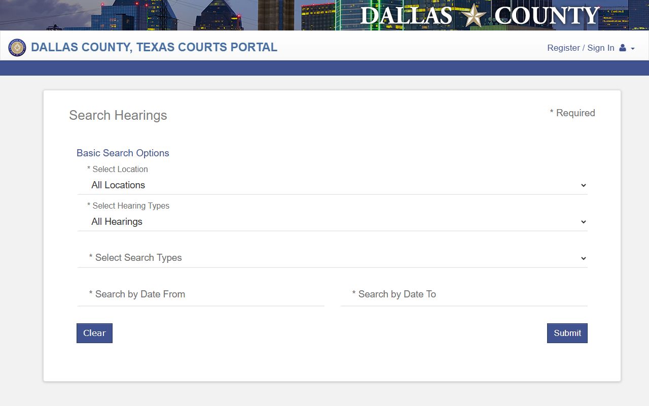 Dallas County court records search hearings screen with location and courtroom filters