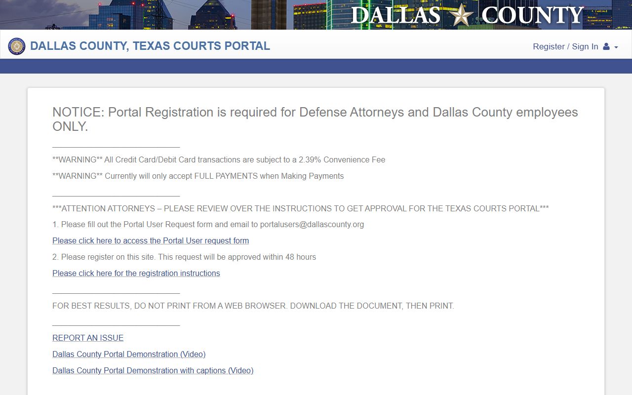 Dallas County Courts Portal home page with Smart Search and search hearings options