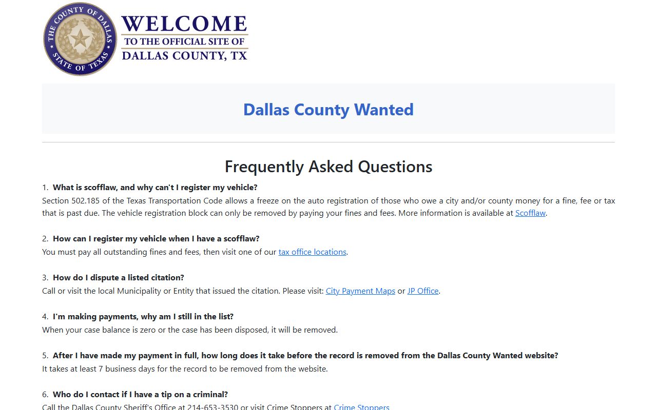Dallas County inmate population Dallas County Wanted FAQ page