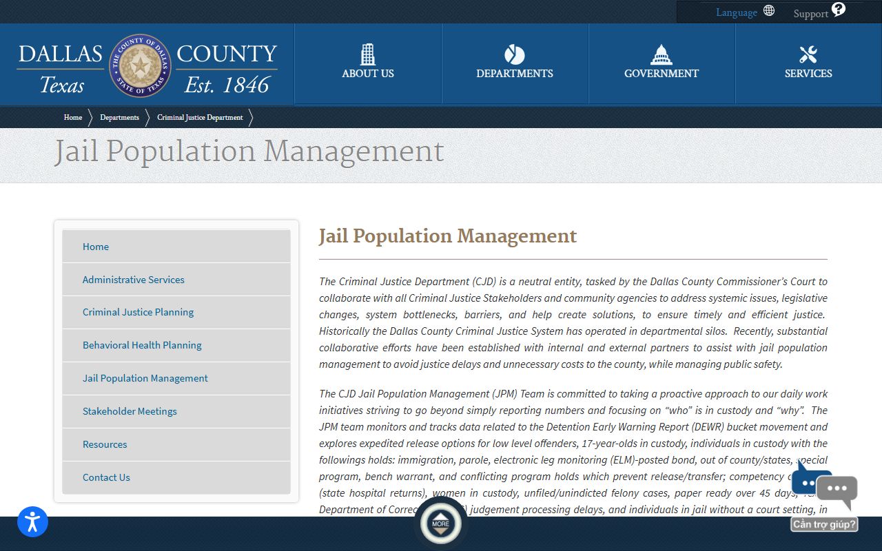 Dallas County inmate population jail population management page