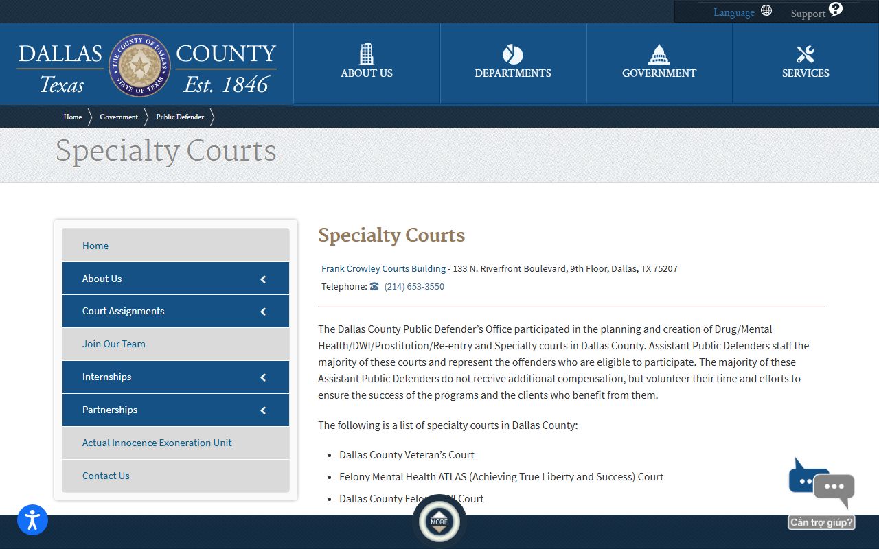 Dallas County inmate population Public Defender specialty courts page