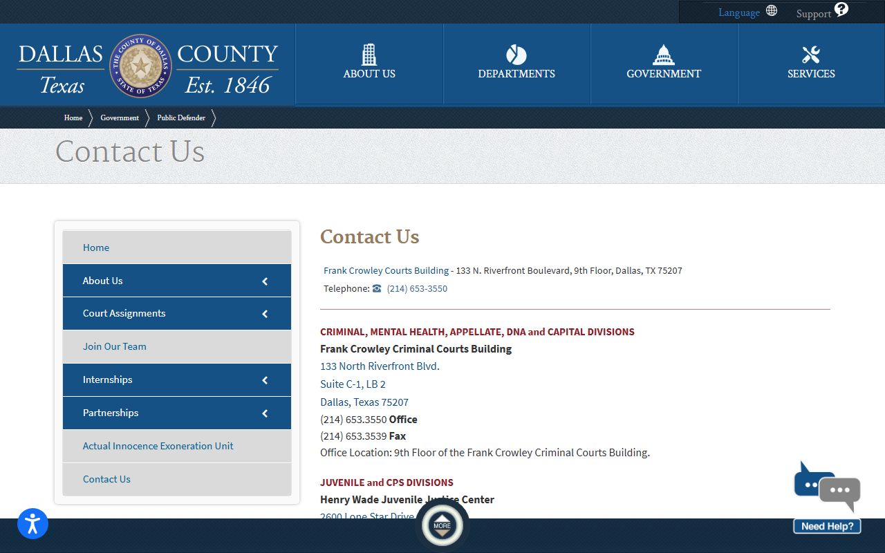 Dallas County inmate population Public Defender contact page