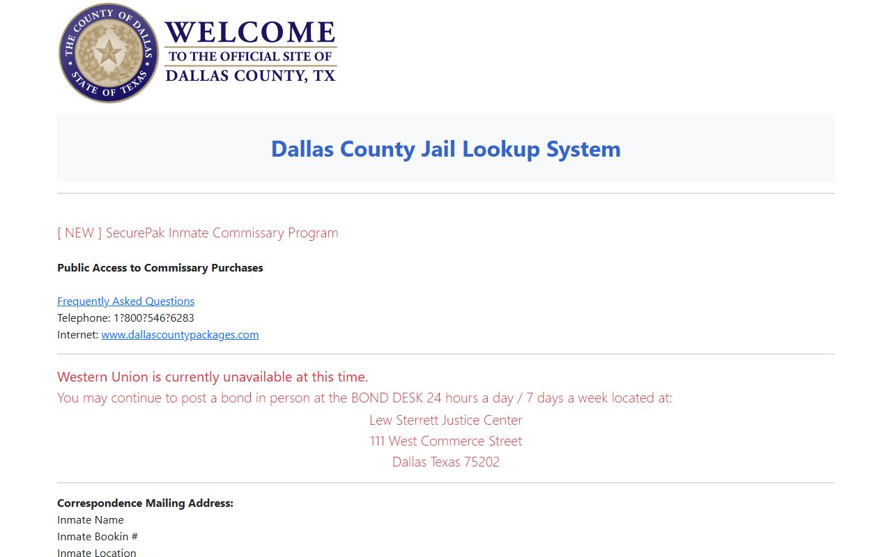 Dallas County inmate records jail lookup information page