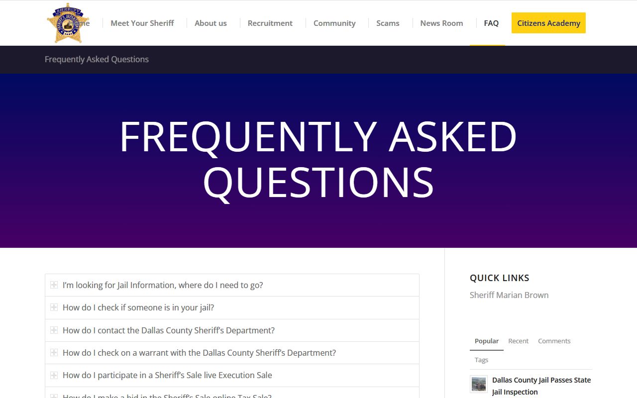 Dallas County inmate records Sheriff how-do-I FAQ page