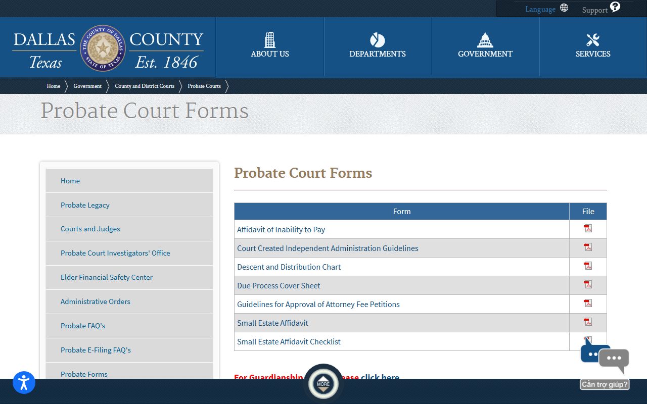 Dallas County probate records probate forms page