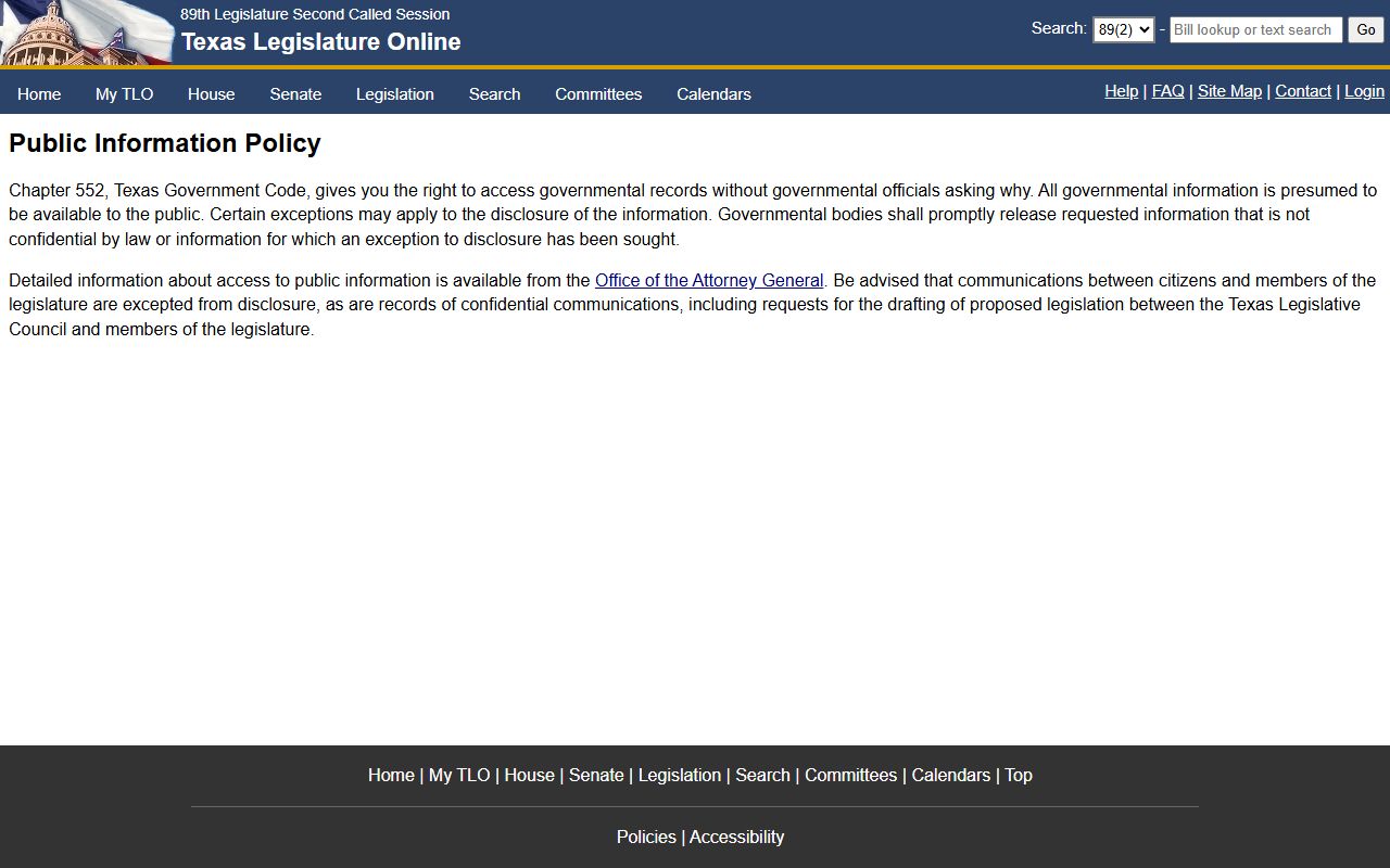 Dallas County public records Texas Legislature public information policy page